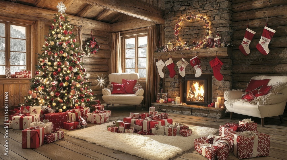 Cozy Christmas Cabin Interior with Decorated Tree and Fireplace Cozy Christmas Cabin Interior with Decorated Tree and Fireplace