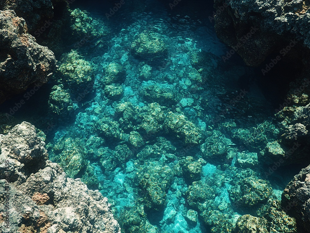 Crystal-clear turquoise water in a rocky cove. Crystal-clear turquoise water in a rocky cove.