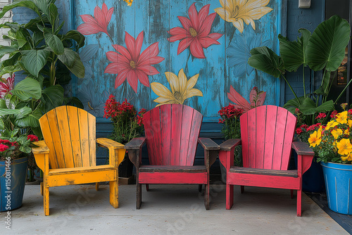 Terrasse Extérieure Colorée et Vintage avec Tapisserie Vinyle, Meubles en Bois Récupérés et Peints, Fleurs et Plantes décoratives photo