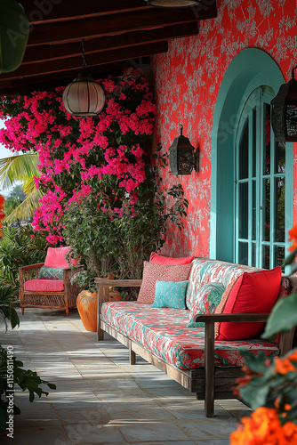 Terrasse Extérieure Colorée et Vintage avec Tapisserie Vinyle, Meubles en Bois Récupérés et Peints, Fleurs et Plantes décoratives photo