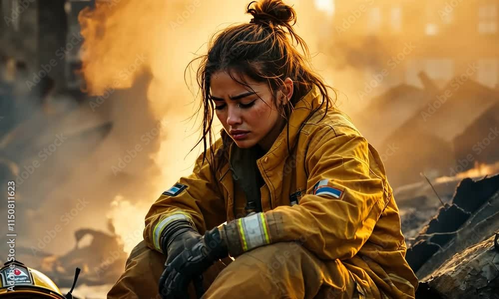 Brave fighter a fireman tired and sad sitting on collapsed rubble Brave fighter a fireman tired and sad sitting on collapsed rubble