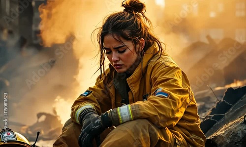 Brave fighter a fireman tired and sad sitting on collapsed rubble photo