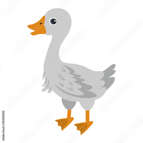 Cartoon illustration of a grey goose standing on its feet in a playful manner
