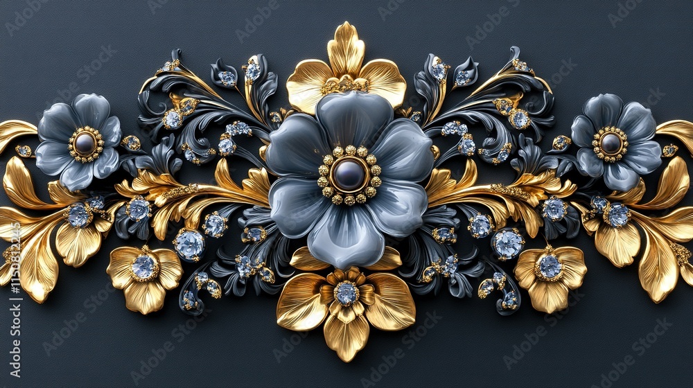 Naklejka premium Elegant gold and grey floral design with pearls and diamonds.