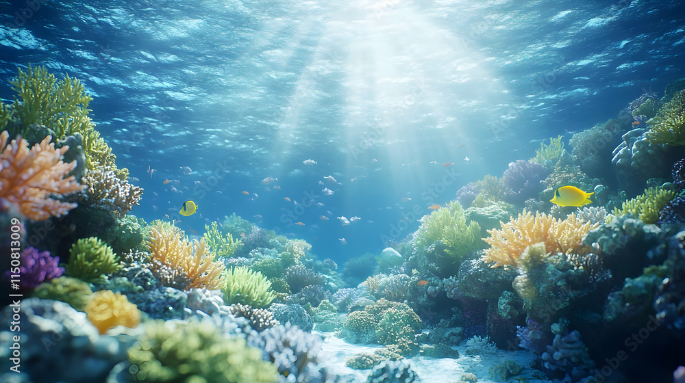 Obraz premium Breathtaking underwater scene showcasing vibrant coral reefs and diverse marine life in crystal clear water.
