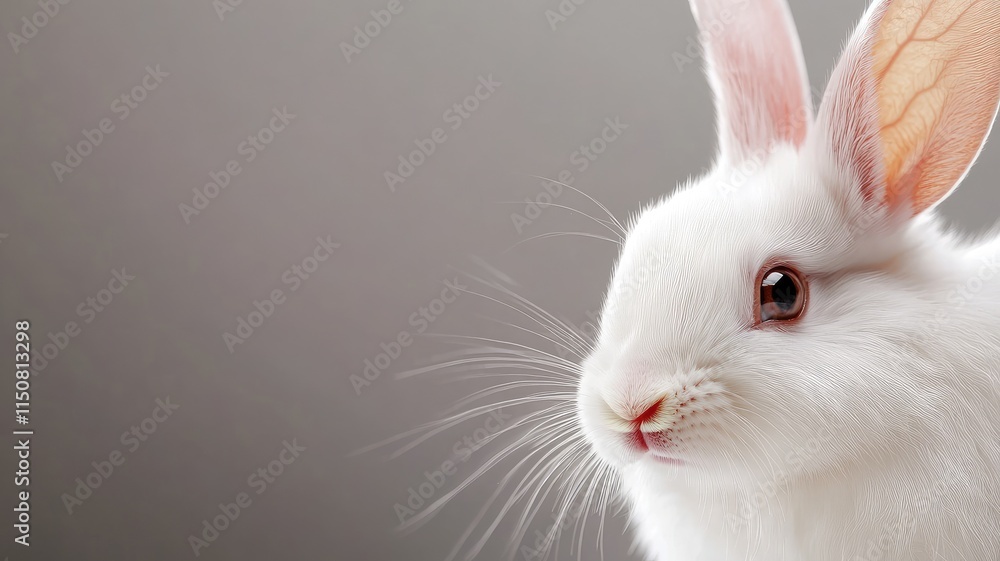 White rabbit with pink ears looking sideways, gray background White rabbit with pink ears looking sideways, gray background