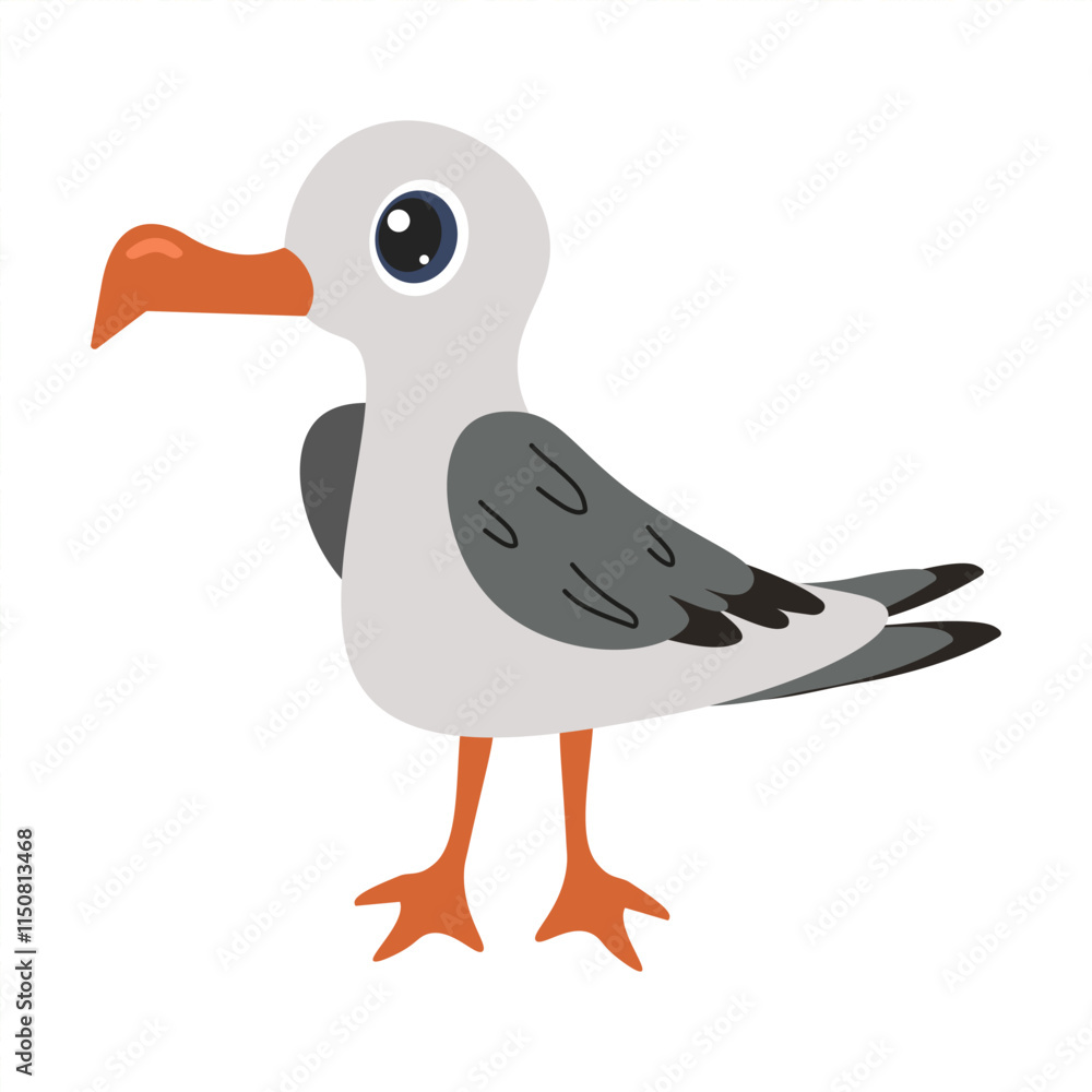 Obraz premium Colorful cartoon seagull standing on the shore during a sunny day