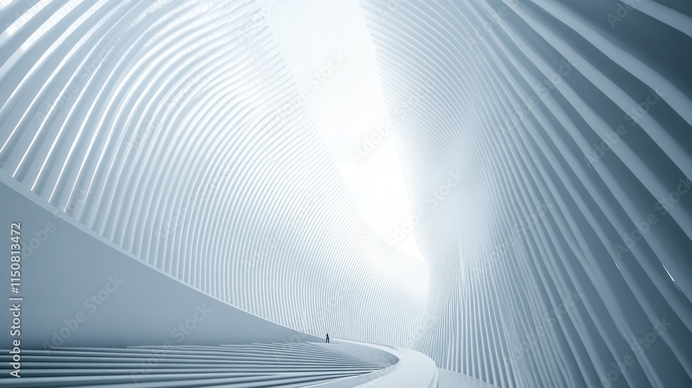 Naklejka premium Abstract white architectural interior with curved lines and a lone figure.