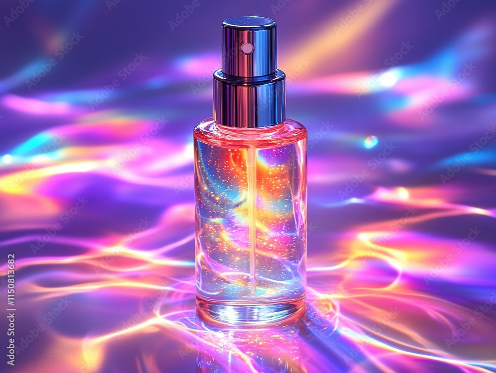 Glittering perfume bottle on vibrant, iridescent background. Glittering perfume bottle on vibrant, iridescent background.
