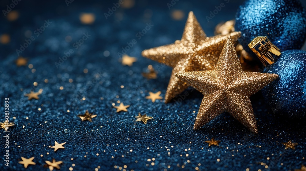 Gold stars and blue ornaments on glitter. Gold stars and blue ornaments on glitter.