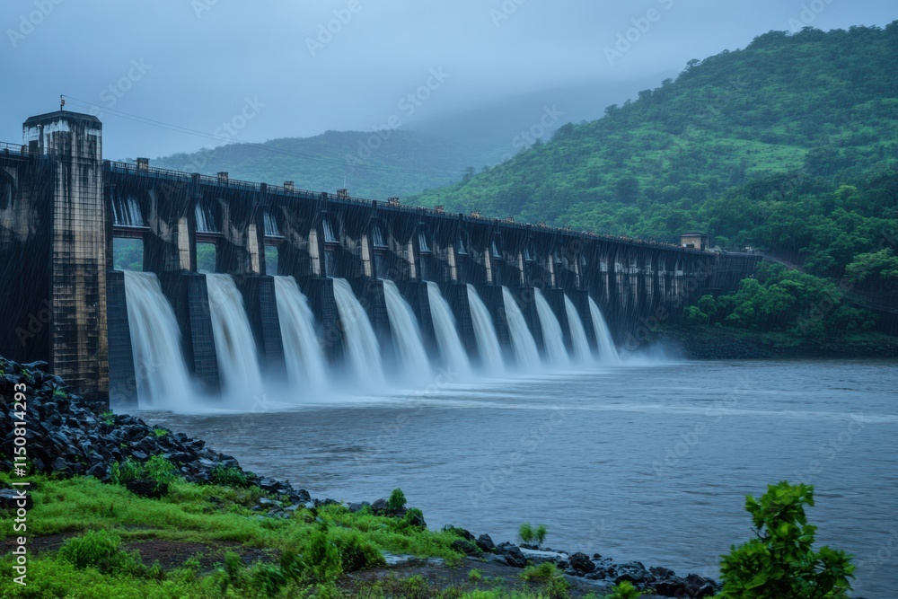 Majestic View of a Dam Structure Under Heavy Rain with Moody Lighting and Misty River Background in a Raw Gigapixel Perspective Majestic View of a Dam Structure Under Heavy Rain with Moody Lighting and Misty River Background in a Raw Gigapixel Perspective