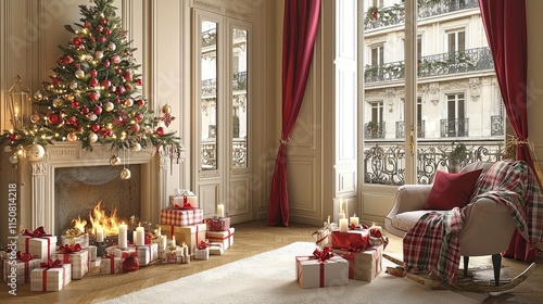 Parisian Christmas Elegance Cozy Fireplace and Festive Decor in a Classic Apartment photo