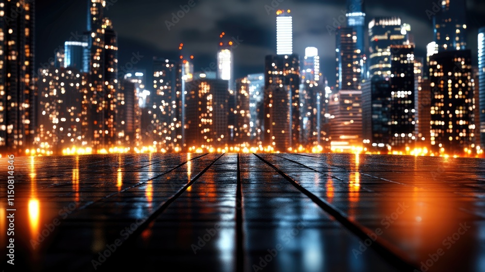 Fototapeta premium Illuminated modern city skyline at night, with wet pavement reflecting lights