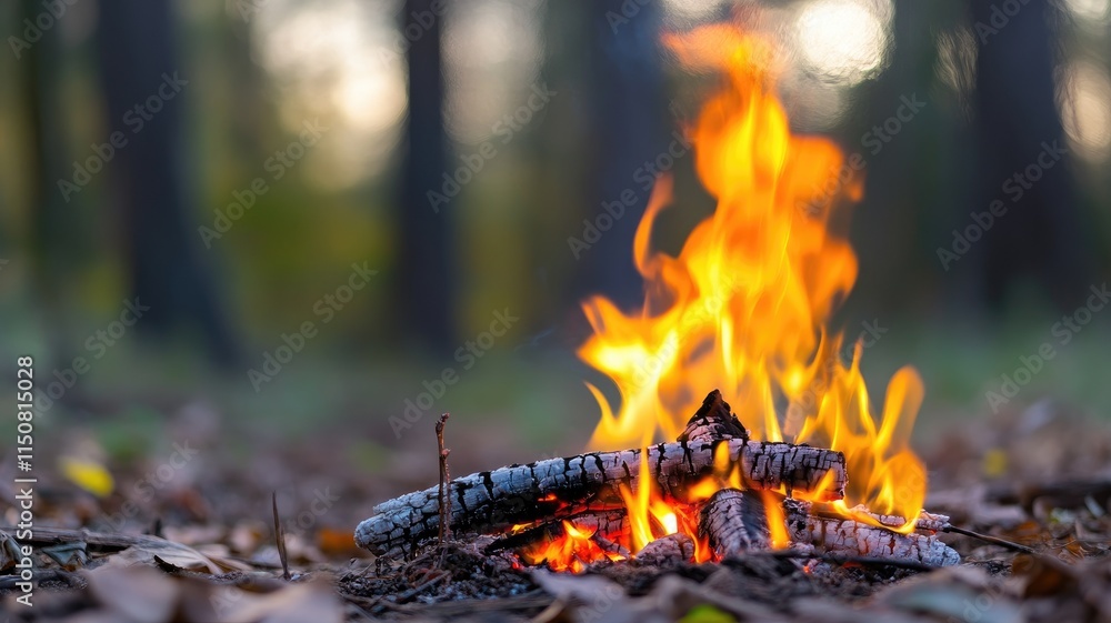 Campfire with burning logs in forest setting Campfire with burning logs in forest setting