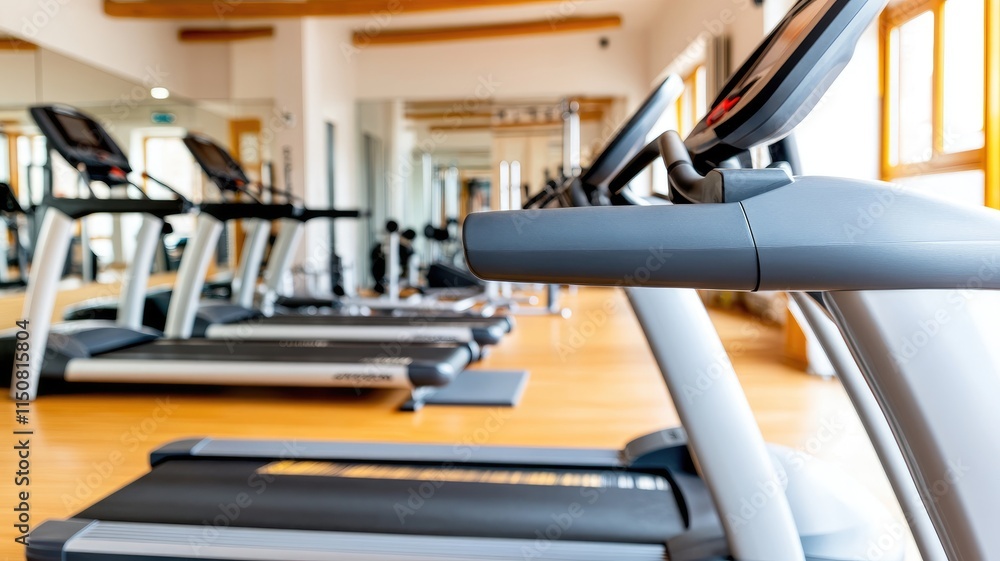 Modern gym with treadmills in spacious room filled natural light Modern gym with treadmills in spacious room filled natural light