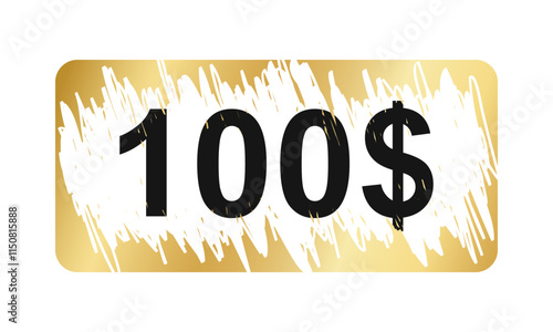 Golden scratchcard surface in rectangular shape with scraped texture and 100 dollars prize. Raffle, lottery, sale coupon template. Vector illustration.