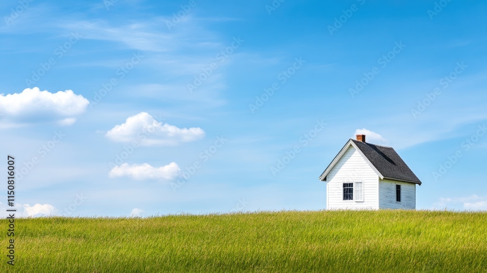 Small white house on green grassy hill with blue sky Small white house on green grassy hill with blue sky