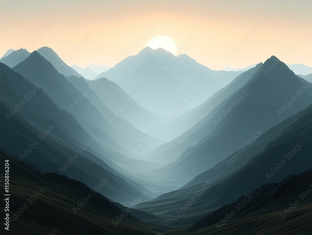 Fototapeta premium Majestic sunrise over misty mountain range.