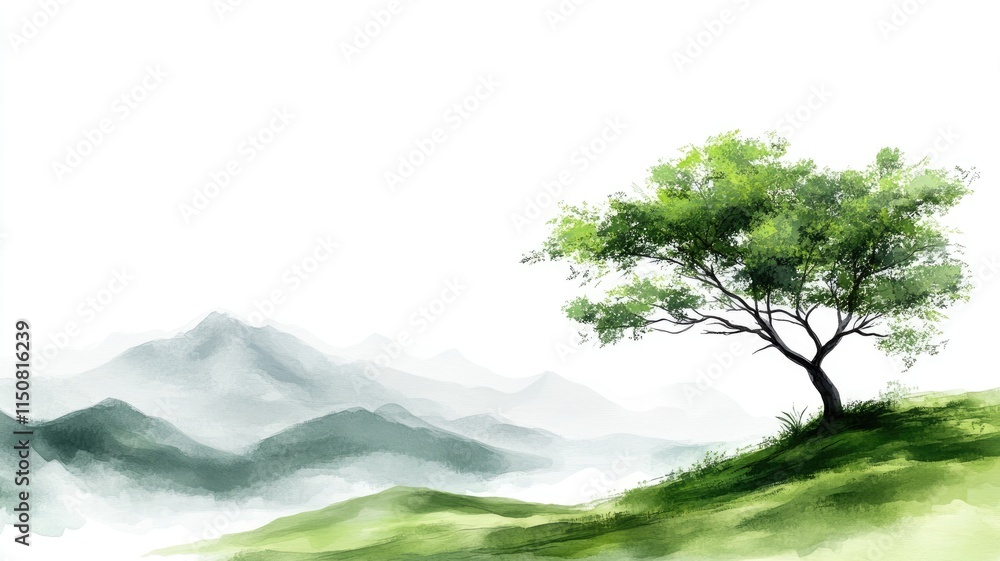 Serene mountainous landscape with lone tree on green hill Serene mountainous landscape with lone tree on green hill