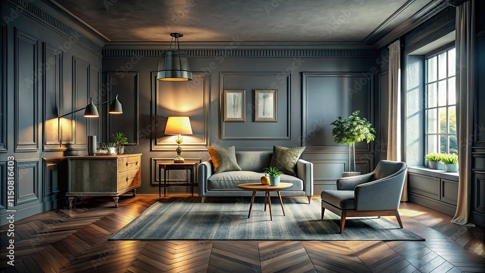 Fototapeta premium Cozy gray room bathed in dim light; moody atmosphere, home décor details highlighted.