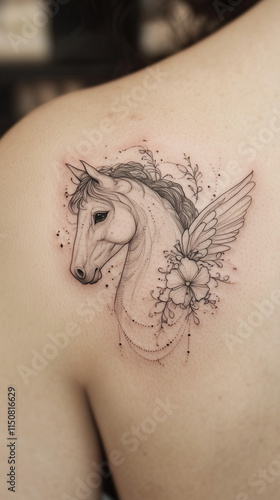 close up of tattoo of a horse with wings photo