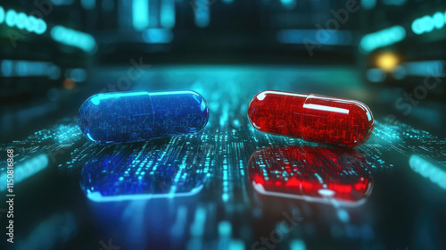 A digital depiction of choosing between a red pill and a blue pill against a futuristic backdrop