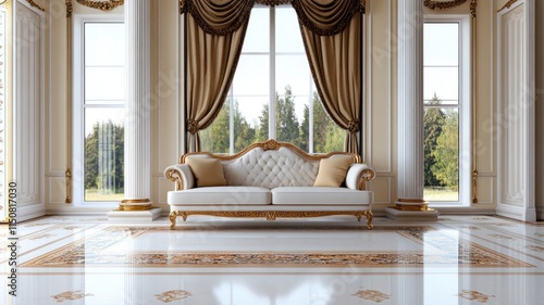 Luxurious living room with white and gold sofa, elegant curtains, large windows