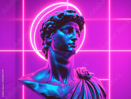 Vapor retro synth wave Greek statue of David with neon light cube surrounding his head isolated on blue background, NFT, Cryptocurrency, Crypto photo