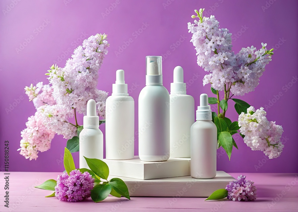 AI Mockup Spray Bottle on Stand, Pastel Violet Background AI Mockup Spray Bottle on Stand, Pastel Violet Background