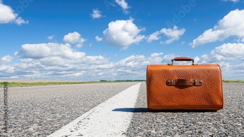 Brown suitcase on empty road under blue sky with clouds photo