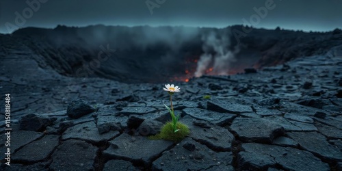 Resilient flower blooms on volcanic landscape showcasing nature's persistence in harsh environments photo