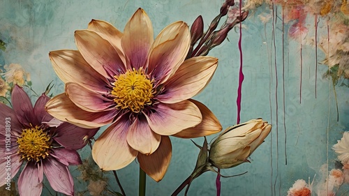 A mixed-media composition blending real flowers with brushstroke textures.
 photo