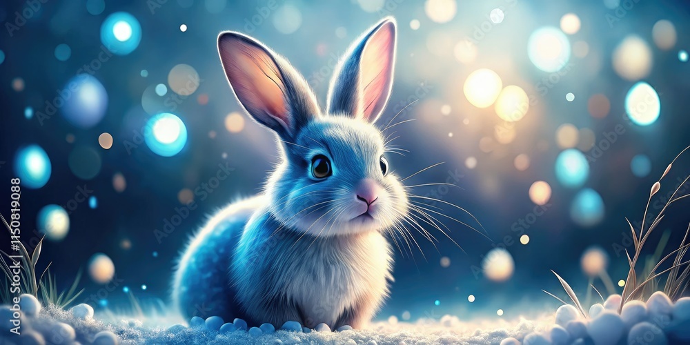 Obraz premium Cute blue and white Nordic rabbit, Easter-themed illustration featuring blurred background and Scandinavian design.