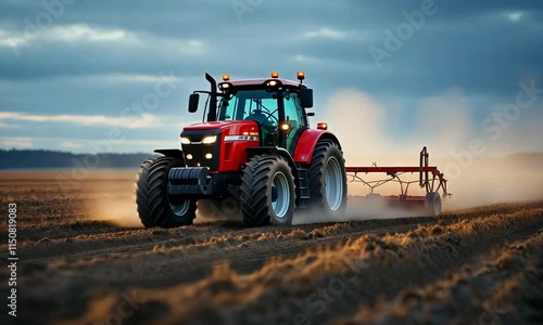 Red tractor plowing a field photo