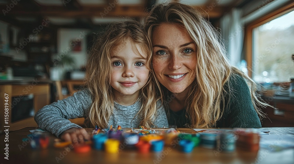 Fototapeta premium A joyful moment between a mother and daughter surrounded by colorful art supplies.