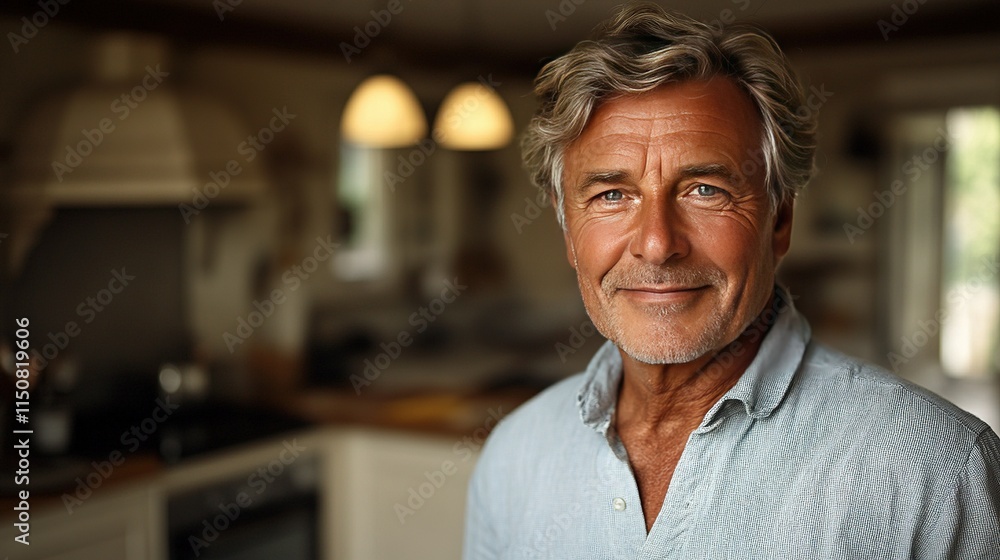 Fototapeta premium Portrait of a smiling mature man in his home kitchen.