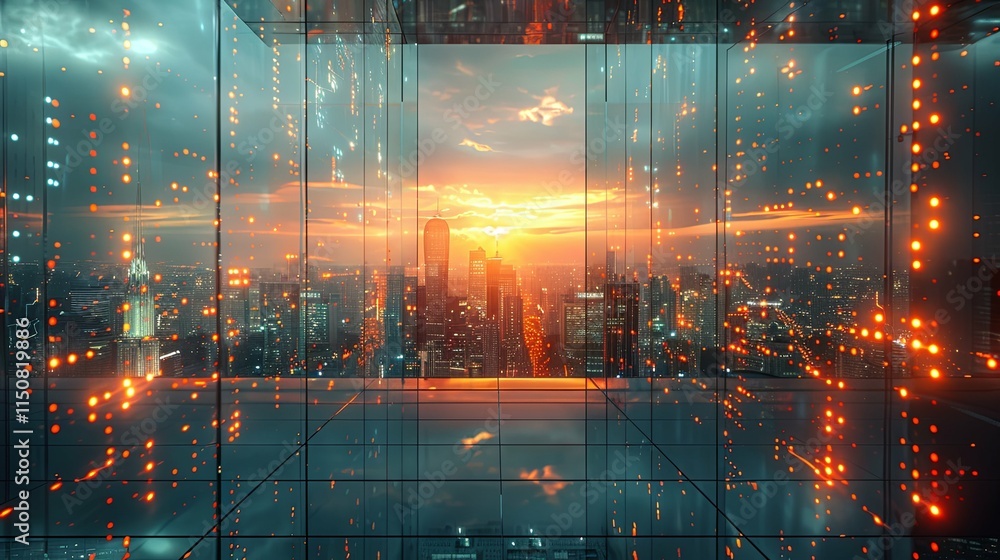 Fototapeta premium Sunset cityscape viewed from a modern glass-walled room with data visualizations.