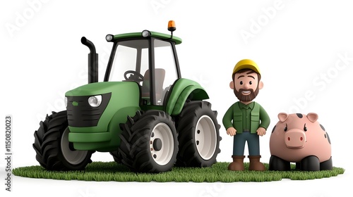 Cartoon style farmer with tractor and pig on grassy landscape