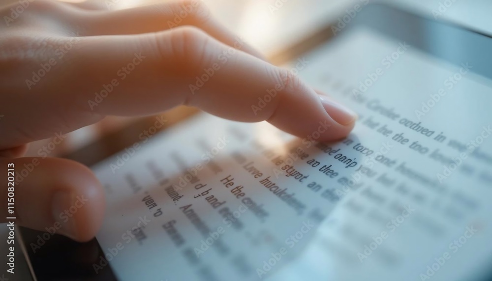 Close up Finger Reading E book Digital Device Screen Text Close up Finger Reading E book Digital Device Screen Text