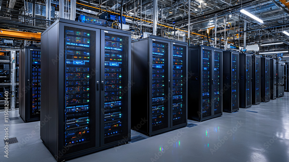 High-tech data center interior showcasing organized server rows with LED status indicators High-tech data center interior showcasing organized server rows with LED status indicators