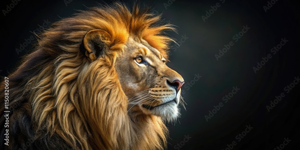 Fototapeta premium Dark night, majestic lion. UHD wallpaper showcasing a powerful predator against a black background. Wildlife photography at its finest.