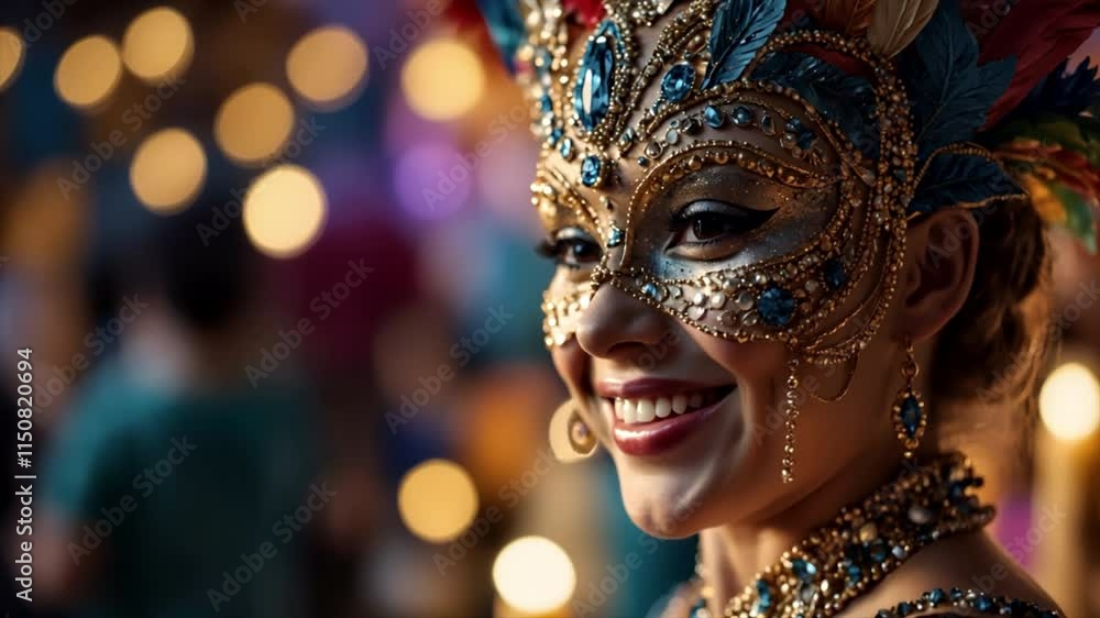 A close-up of an enchanting masked woman with shimmering elements in a vibrant setting at a festive gathering. 01. A close-up of an enchanting masked woman with shimmering elements in a vibrant setting at a festive gathering. 01.