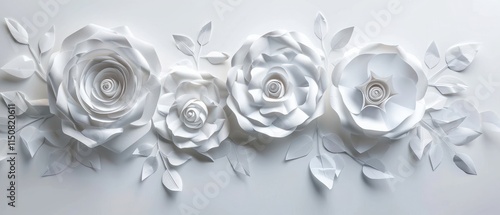 White paper flowers made of white paper on white background.