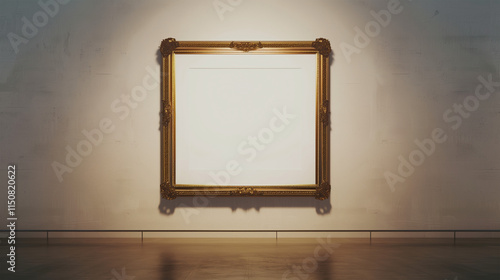 Empty ornate gold frame on gallery wall, with free space in the frame for your own image, graphic or brand.
