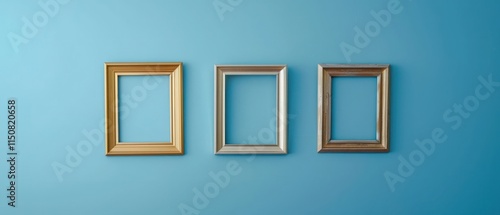 wooden frame on a blue background. blank photo frame isolate.