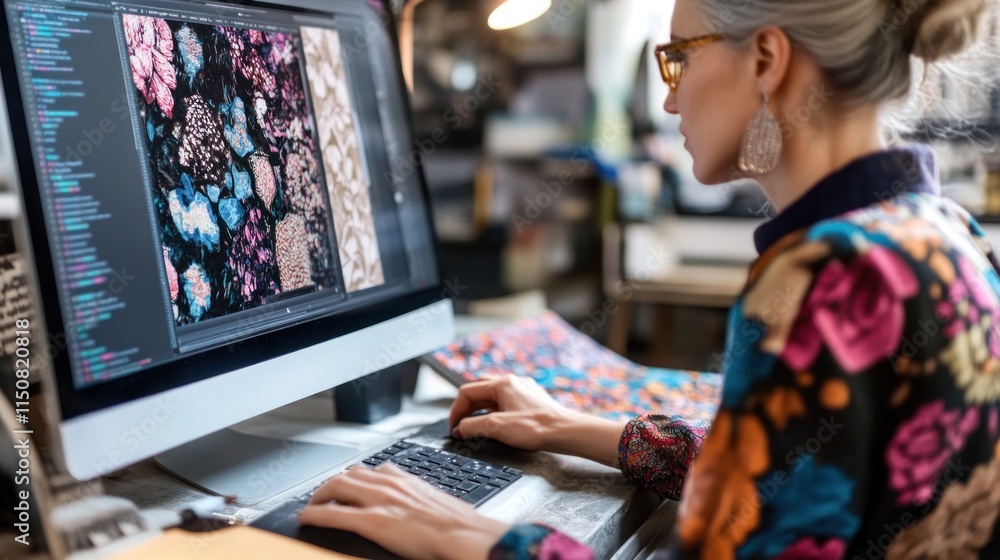 Fototapeta premium A close-up of a textile designer working on a computer, digital patterns appearing on screen, fabric swatches nearby, creative process,