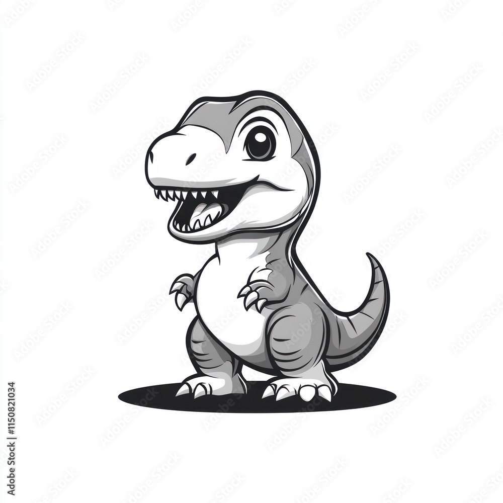 Obraz premium Monochrome cartoon dinosaur with big eyes, small arms and teeth.
