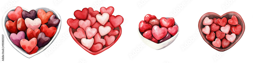 Valentine day element, Heart shaped candy dishes filled, isolated on transparent background Valentine day element, Heart shaped candy dishes filled, isolated on transparent background
