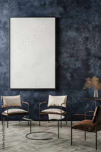 Modern minimalist seating area with blank frame, with free space in the frame for your own image, graphic or brand.
