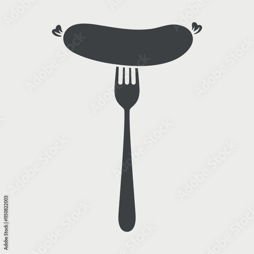 Flat Vector Cartoon Sausage on Fork with Outline Closeup Isolated on White Background. Vector Food Illustration for Menu, BBQ, and Culinary Design